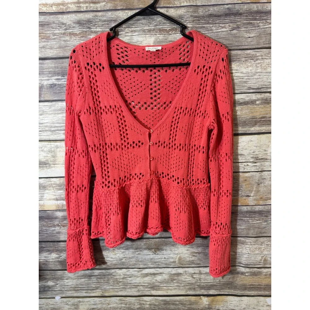 Pilcro Anthropologie Coral Pink Pointelle Knit Peplum Sweater‎ XXS Baby Doll